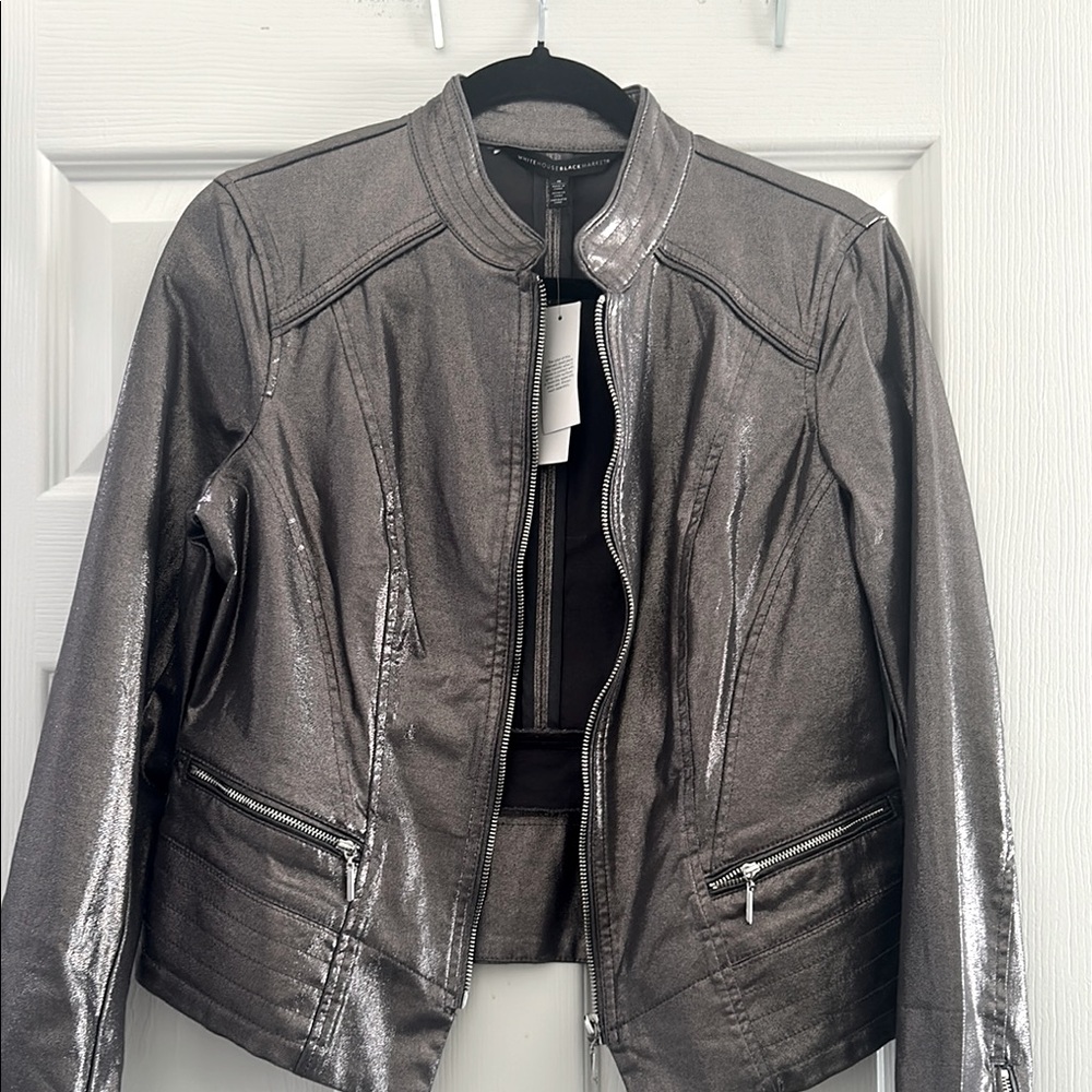 White House Black Market Silver Jacket Fitted Moto Style